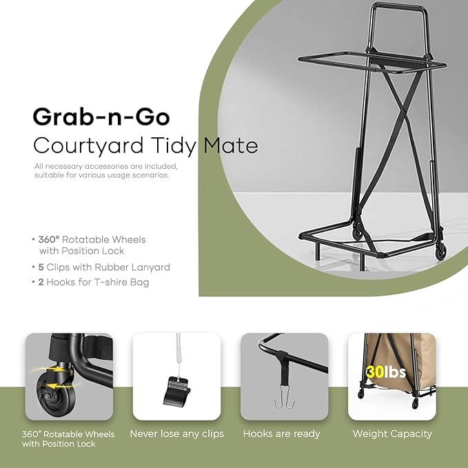 Wheeled Trash Bag Holder - Adjustable Frame for 33-50 Gallon Plastic & 30 Gallon Paper Bags - Durable Metal Outdoor Leaf & Garbage Bag Stand - Yard, Lawn Cleanup, Gardening, Camping & Parties