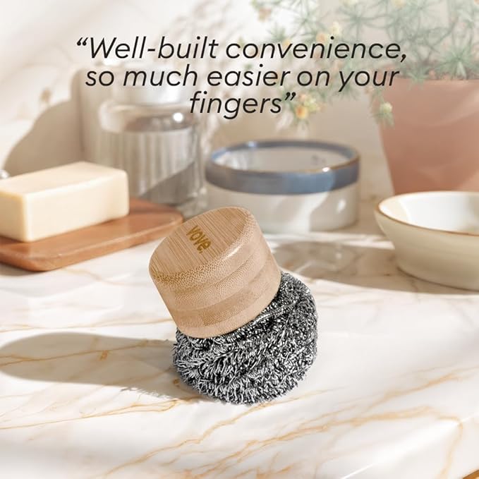 Vove Magnetic Scourer & Bamboo Dish Brush Set, Stainless Steel Scrubber with FSC-Certified Bamboo Handle and 3 Pads, Sisal Fiber Brush, for Cast Iron, Pots & Pans, Eco-Friendly Kitchen Cleaning Bundle