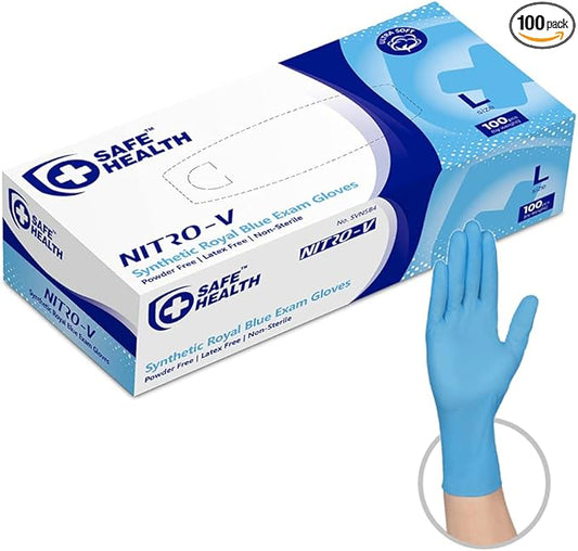 Safe Health NITRO-V Nitrile-Vinyl Synthetic Exam Disposable Gloves, Latex Free, Powder Free, Blue, Box of 100, Large, Medical Grade, Clinic, Nursing, Food, Hair Salon, Cleaning, Housework