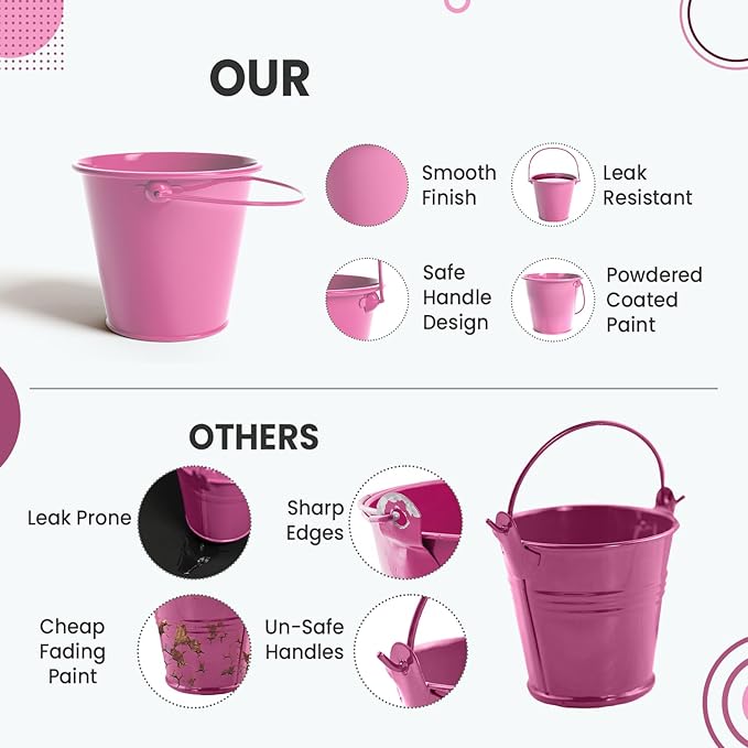 Small Metal Buckets with Handle 6 Pcs – Galvanized Bucket Leak Proof & Rust Resistant 20 fl oz Capacity - Best for Party Décor, Organizing & Decorating Classrooms (Pink, Small 4.3" Top)