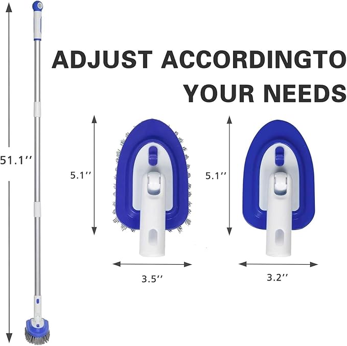 3-in-1 Floor Scrubber and Bathtub Cleaner with 52-Inch Adjustable Long Handle, Shower Brush for Cleaning Bathroom Tile, Kitchen Walls, Tub
