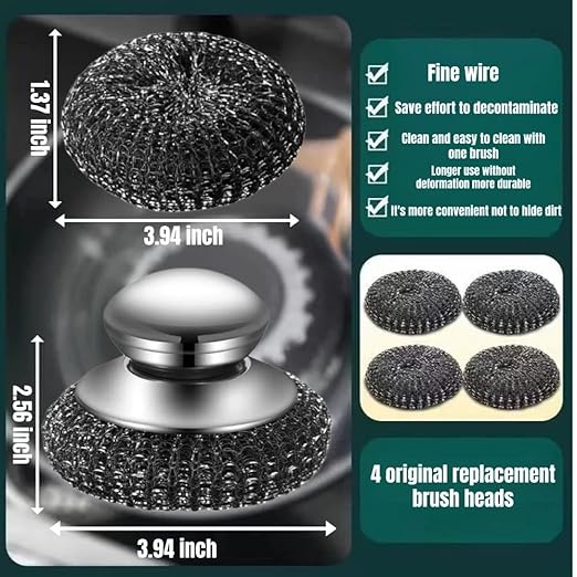 Steel Wool Scrubber with Handle: 7Pcs Stainless Steel Scrubber Brush Set – 2 Brushes, 4 Replaceable Pads, 1 Screwdriver for Home Cooks,BBQ Enthusiasts Anti-Scratch, for Grill, Pot, Stove, DIY Use