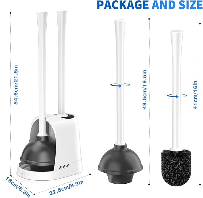 Toilet Plunger and Brush, 2 Pack Bowl Brush and Heavy Duty Toilet Plunger Set with Ventilated Holder, 2-in-1 Toilet Brush and Plunger Combo for 5.3-inch Toilet Drain Bathroom Cleaning
