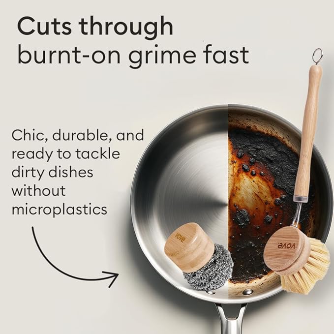 Vove Magnetic Scourer & Bamboo Dish Brush Set, Stainless Steel Scrubber with FSC-Certified Bamboo Handle and 3 Pads, Sisal Fiber Brush, for Cast Iron, Pots & Pans, Eco-Friendly Kitchen Cleaning Bundle