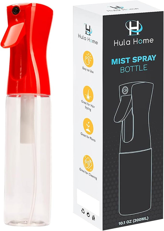 Hula Home Spray Bottle for Hair (10.1oz/300ml) - Powered by Flairosol® Spray Technology - Continuous Ultra Fine Mist Sprayer for Hairstyling, Cleaning, Salons, Plants, Essential Oil & More - Red/Clear