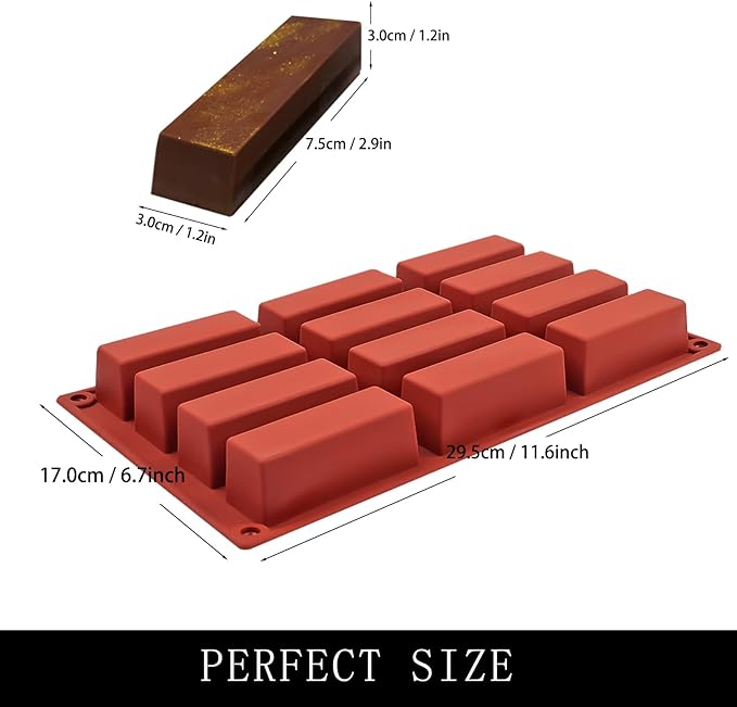 Silicone Granola Chocolate Molds, 12 Cavity Rectangle Mold for Chocolate Cheesecake 11.6 x 6.7 inches