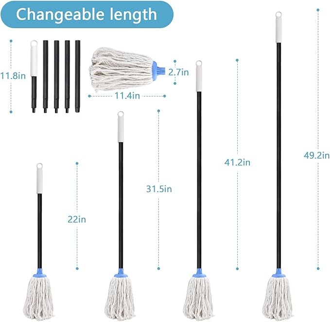 Indoor Mop for Floor Cleaning - Cotton Mops for Floor Cleaning, Regular Mop for Floors, 52-inch Simple Mops for Cleaning Living Rooms, Bathrooms, and Kitchens. (White&Blue)