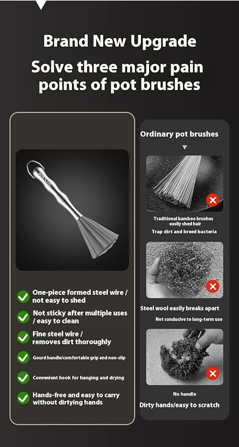 Kitchen Stainless Steel Deep Cleaning Brush, One-Piece Molding Process, Hands-Free Cleaning, Suitable for Frying Pans, Plates, Bowls, 10 Inches