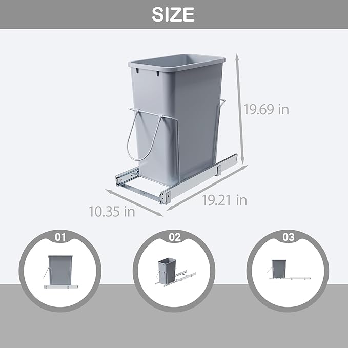 Single Pull-Out Trash Can, 35QT Under-Cabinet Kitchen Bin, Metal Frame, Grey, Fits Above 14” Opening Cabinets