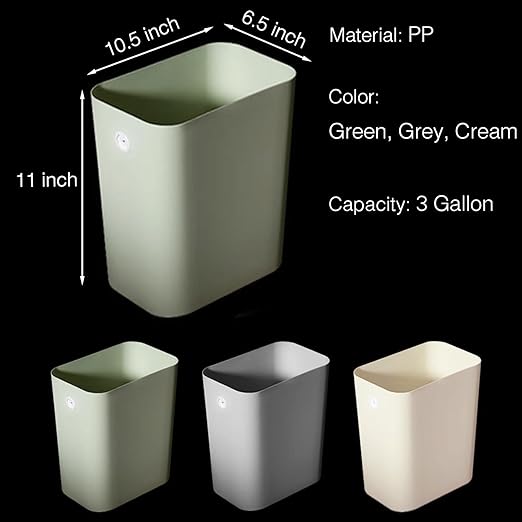 Rectanglar Small Trash Can 3 Pack, 3 Gallon/12 L Office Garbage Can Wastebasket, for Bedroom, Bathroom, Dorm, Kitchen, Under Sink, Under Desk, Plastic Trash Bin Garbage Bin– Green Grey Cream
