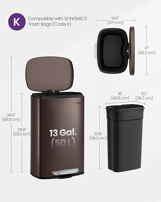 SONGMICS 13 Gallon (50 L) Trash Can, Stainless Steel Kitchen Garbage Can, Recycling or Waste Bin, Soft Close, Step-On Pedal, Removable Inner Bucket, Brown ULTB50BR