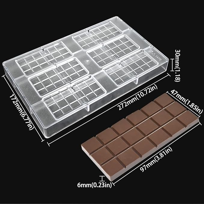 TUKE Polycarbonate Chocolate Bar Mold 6 Cavity Rectangle Premium PC Candy Molds for Baking, DIY, Home Made Chocolates - Reusable, Food-Grade, Professional Chocolate Making Mold (B_ Rectangle)