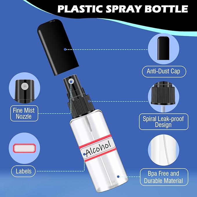 5 Pack 2oz/55ml Plastic Spray Bottles Mini Travel Spray Bottle with Black Cap Empty Fine Mist Spray Bottles Refillable Liquid Container for Perfumes Travel Makeup