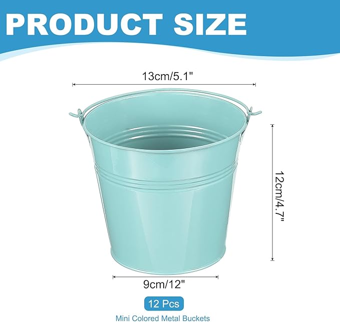 PATIKIL 5.1"x4.7" Small Metal Buckets with Handle, 12 Pcs Mini Galvanized Bucket Colorful Easter Buckets for Crafts Party Favors Decoration, Light Blue