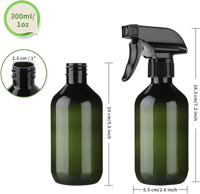 2-Pack Leakproof Spray Bottles (300ml/10oz) - Adjustable Nozzle for Fine Mist & Jet Stream | Premium Refillable Plastic Bottles for Hair Styling, Plant Misting, Cleaning Solutions (Green)