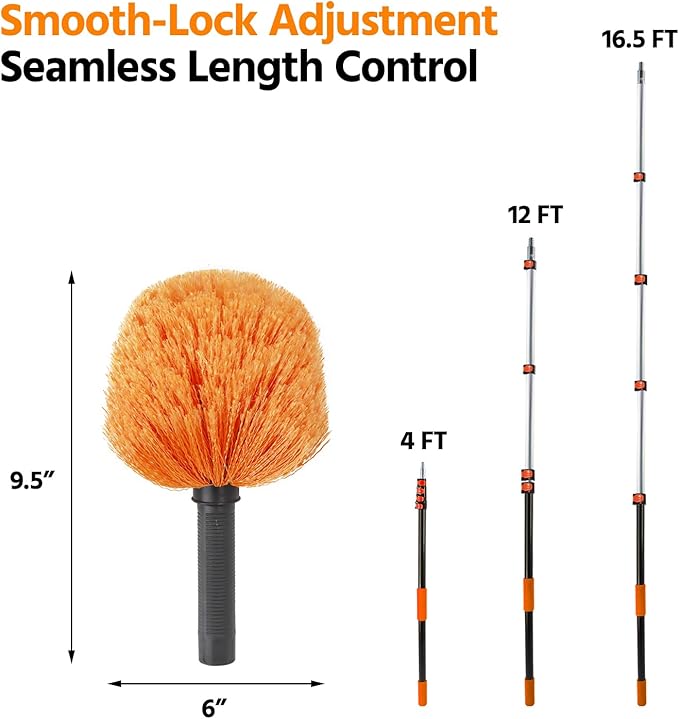 23 ft High Reach Cobweb Duster with Extension Pole, Spider Web Brush with Lightweight 5 Stage 4-16.5 ft Telescoping Pole, Soft Bristles Dusters for Outdoor Indoor Cleaning
