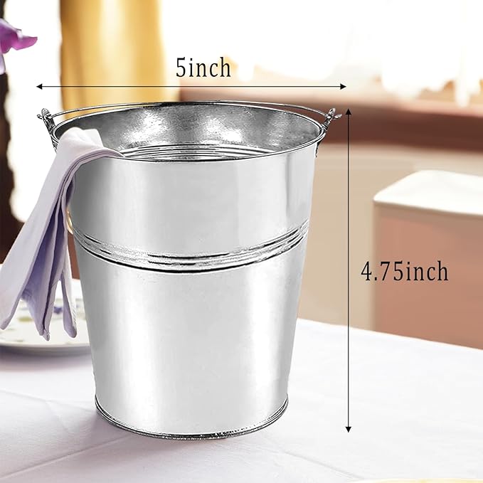 Set of 6 Pcs Galvanized Metal Buckets with Chalkboard Stickers and 5.5" Mini Plastic Kitchen Scoops,5 Inch Tin Buckets, Small Galvanized Pail for Backyard Decoration,Garden Planters.