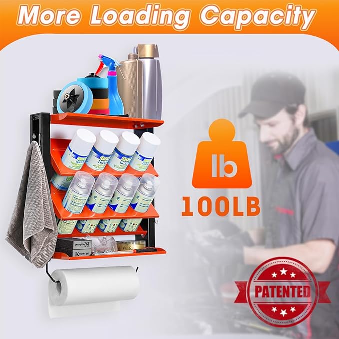 Ultrawall Spray Can Holder Rack With Paper Towel Holder, Steel Wall Mounted Spray Bottle Holder, Garage Wall Mount Shelf, Utility Storage Rack, Tool Storage Rack, Holds 100 lbs