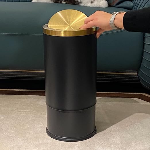 9L / 2.4 Gallon Black Metal Trash can with Lid, Fingerprint-Proof Garbage Can with Removable Inner, Metallic Gold Wastebasket for Bathroom,Bedroom,Dorm,Office,Hotel (Black Double Layers)
