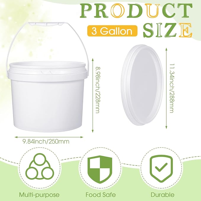 Leinuosen 8 Pcs Plastic Bucket with Handle and Lid Durable Heavy Duty Food Safe Bucket Pail Container for Multipurpose Storage Paint Art Crafts Projects, BPA Free(3 Gallon,White)