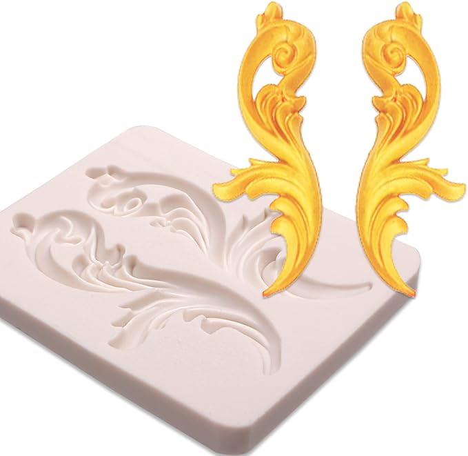 Baroque Silicone Molds Relief Chocolate, Border Feather Scroll Mold for Wedding Cake Decoration, Cupcake Toppers Clay Candy