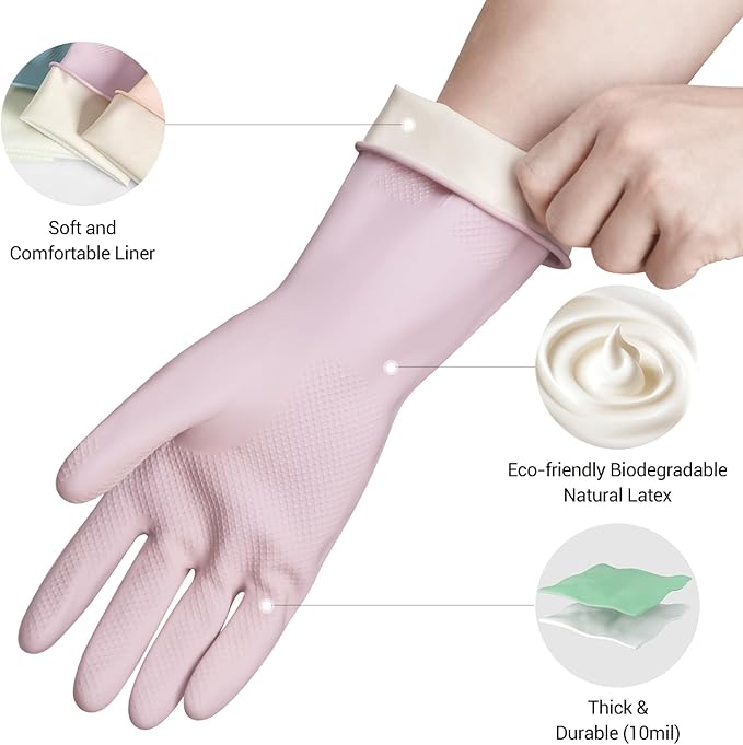 ThxToms 4 Pairs Rubber Kitchen Dishwashing Gloves, Reusable Household Cleaning Gloves,Non-Slip,Long-lasting