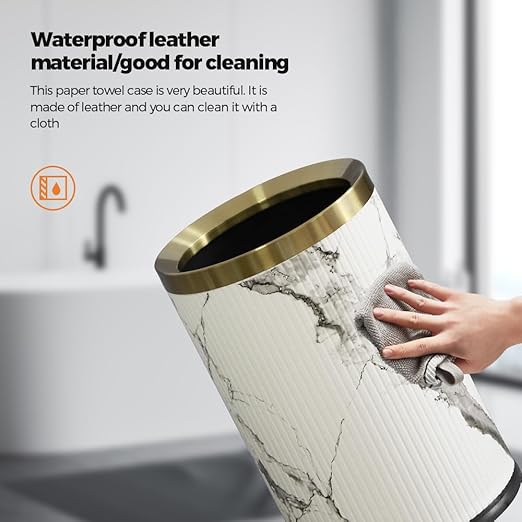 Small Fancy Bathroom Trash Can, Metal Trash Can Covered with Leather, Open Top, Hide The Garbage Bag，for Bathroom, Living Room, Bedroom, Office, Bank, Hotel (9L-Ink Painting)