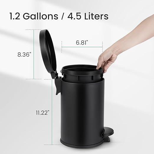 Cesun 1.2 Gallons Small Black Trash Can, Bathroom Garbage Can with Lid and Foot Pedal, Mini Round Wastebasket for Bathroom, Bedroom, Office, 4.5 Liters / 1.2 Gallons, Matte Black