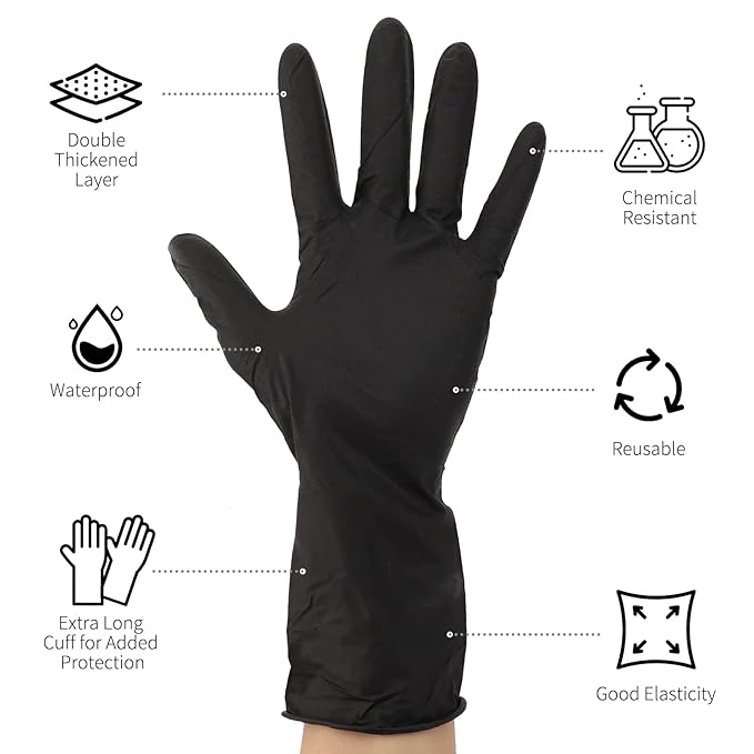 Segbeauty Black Gloves Reusable, 12 INCH Thickened Prolonged Powder Free Non-Latex Rubber Gloves, 16 Counts Washable Cleaning Glove Work Mechanic Glove Hair Dye Accessories Tattoo Supplies Medium