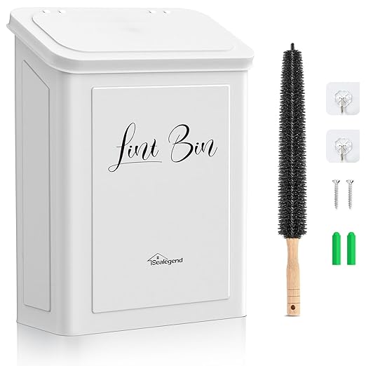 Sealegend Magnetic Lint Bin for Laundry Room with Dryer Lint Brush, Wall Mounted Metal Trash Can with Lid for Dryer, Space-Saving Laundry Organization and Storage, White