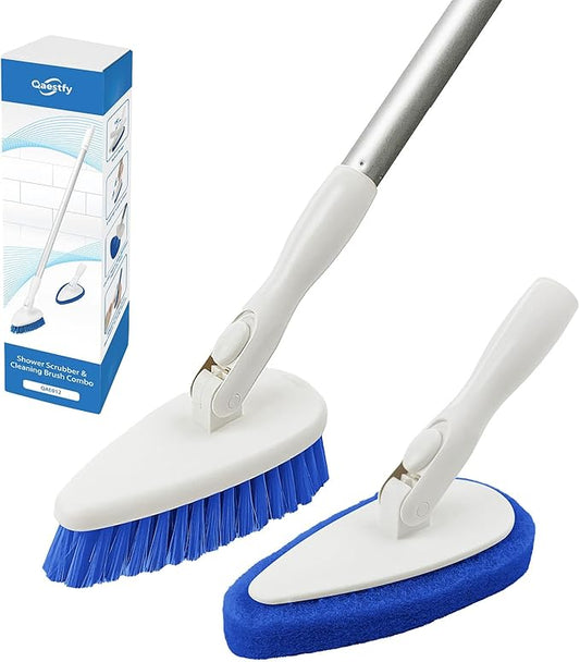 Qaestfy Shower Scrubber Cleaning Brush Combo Bath Tub Tile Cleaner Scrubber Brush with 51'' Adjustable Long Handle Scrub Brush for Bathroom Shower Bathtub Wall Mop Cleaning Scrubbing