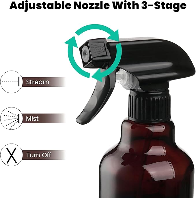 Glass Amber Spray Bottles with Silicone Sleeve, 2 Pack 16.9oz Refillable Containers with Adjustable Spray Nozzles, Empty Spray Bottle for Cleaning Solutions, Hair, Plants, Essential Oils (Black+Green)