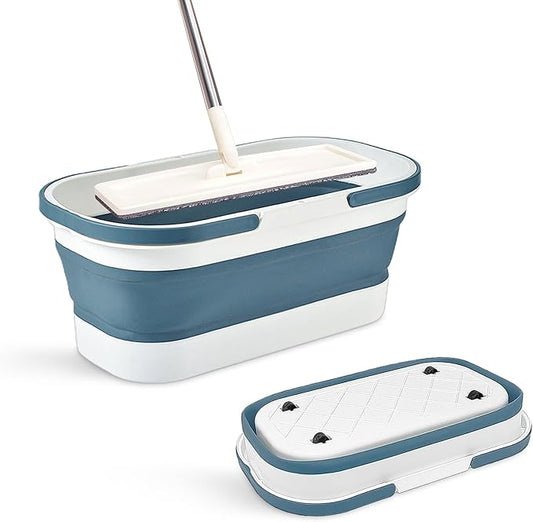 Collapsible Plastic Bucket with Wheels 12L (3.17 Gallon) for House Cleaning, Camping, and RV - Multi-Purpose Rectangular Handy Basket for Cleaning Mop - Lightweight and Portable (Blue)