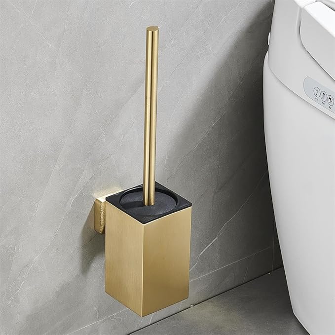 Toilet Brush and Holder Set Wall Mount or Freestanding KWQKEM Modern Toilet Bowl Cleaners Brush and Holder with Lid 304 Stainless Steel (Brushed Gold)