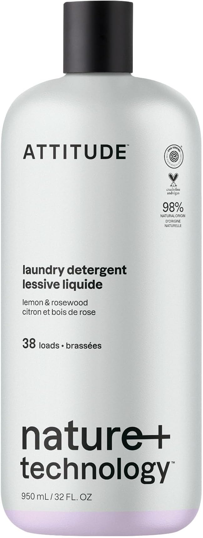ATTITUDE Laundry Detergent Liquid, Natural Origin Ingredients, EWG Verified, High Efficiency (HE), For White and Colored Clothing, Lemon and Rosewood, 38 Loads, 32 Fl Oz