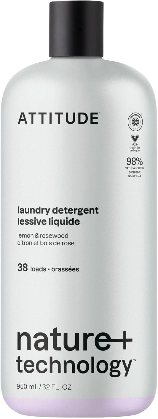 ATTITUDE Laundry Detergent Liquid, Natural Origin Ingredients, EWG Verified, High Efficiency (HE), For White and Colored Clothing, Lemon and Rosewood, 38 Loads, 32 Fl Oz
