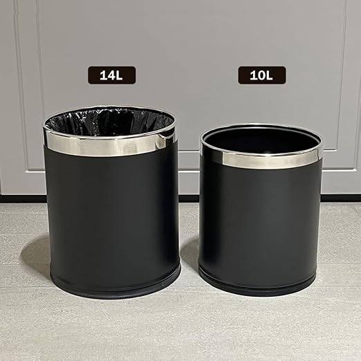 3.7 Gallon / 14L Black Bathroom Trash Can Metal,Double Walled Waste Paper Basket,Bathroom Garbage Can,Elegant,Modern Office Waste Basket,for Bedroom,Kitchen,Hotel,Cafe,Business(14L Black)