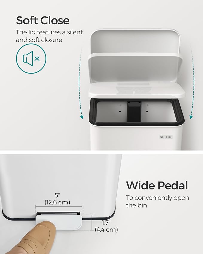 SONGMICS Kitchen Trash Can, 10.5 Gallon (40 L) Garbage Can, Large Step Trash Bin with Lid, Stainless Steel, Soft Close, 15 Trash Bags Included, White ULTB540W40