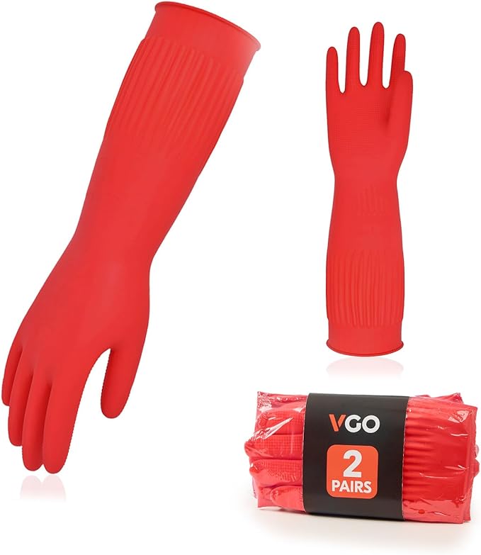 Vgo 2-Pairs Dishwashing Gloves, Reusable Household Gloves, Long Sleeve, Thick Latex, Cleaning, Washing, Painting, Gardening, Pet Care (Size L, Red, RB2143)