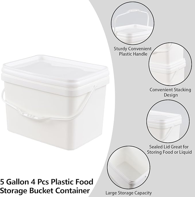 5 Gallon Plastic Square Bucket with Lid for Food Storage, Set of 4 Rectangular White Food Grade Bucket with Handle