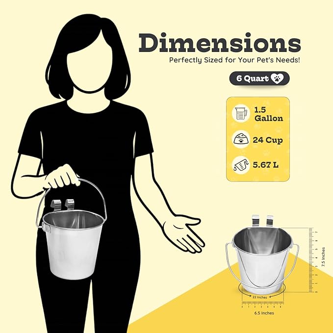 6 Quart Stainless Steel Flat Sided Bucket with Dual Hooks | Durable Food & Water Bowl for Dogs Cats Goat Sheep & Livestock | Fits kennel Cage Critter Crate Hanging Pet Pail | Multipurpose