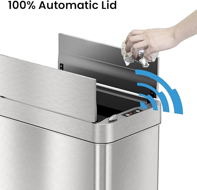 iTouchless 18 Gallon Wings Open Kitchen Trash Can with Lid and Odor Filter, Dog Proof Lid Lock 68 Liter Slim Stainless Steel Garbage Bin Home Office Bedroom Living Room Large Capacity Wastebasket