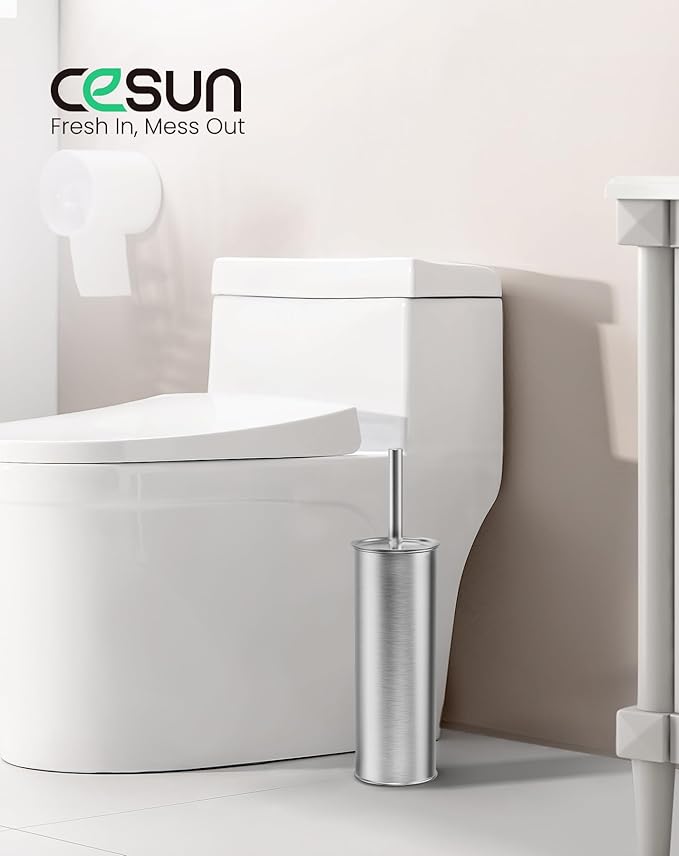 Cesun Toilet Brush and Holder Set - Curved Design Toilet Brush for Deep Cleaning Under Rim, 304 Stainless Steel Toilet Bowl Brush and Holder for Bathroom, Rv, Silver(2 Replaceable Brush Head Included)