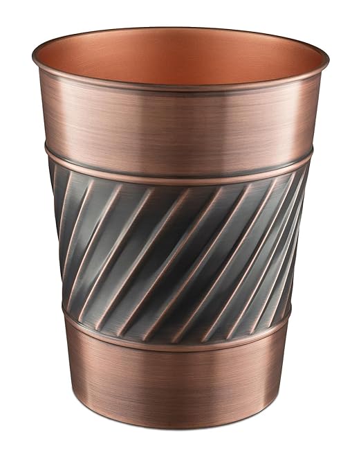 Monarch Abode Metal Wastebasket Trash Can, Handcrafted, Wave Embossed, Bathroom Decor, Antique Copper Finish