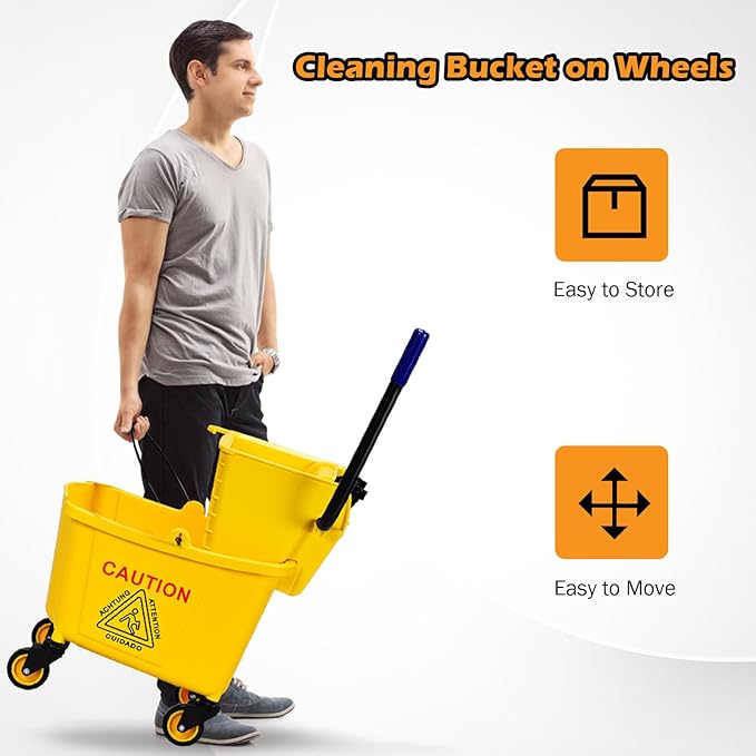 ARLIME Mop Bucket with Wringer On Wheels, 35 Quart Capacity Portable Wringer Trolley on Wheels, Side Press Floor Cleaning Wavebrake w/Handle, Mop Bucket for Home, Commercial, Restaurants