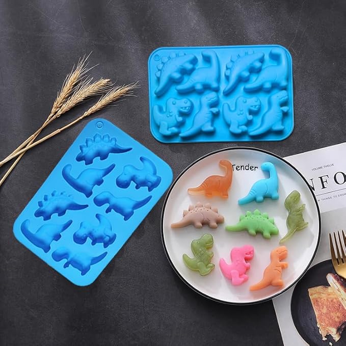 Dinosaur Silicone Gummy Candy Molds - 2Pcs 8-Cavity Soap Dinosaur Molds Shaped with T-rex, Stegosaurus, Triceratops, Brontosaurus, Non-stick and Bpa Free for Chocolate, Soaps, Crayons, Ice Cubes