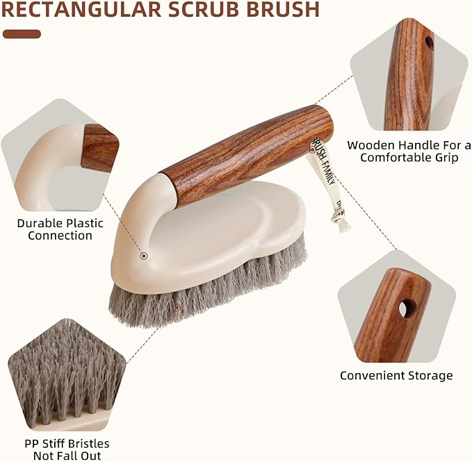 4-Pack Heavy Duty Scrub Brushes Set with Wooden Handles, Triangle & Square Floor Scrubber, Dish Brush, Grout Cleaner for Kitchen, Bathroom, Tile, Carpet & Stubborn Stains Removal