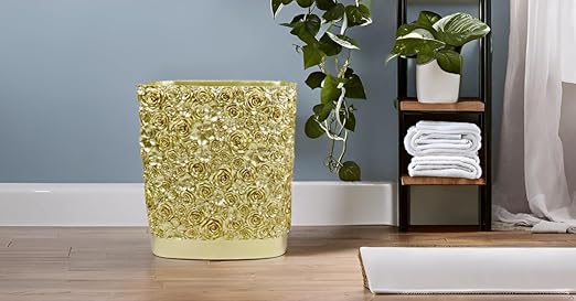 Hymmah Bathroom Trash Can 1.8 Gallon(7 Liter) Small Kitchen Garbage Can,Decor Wastebasket for Bedroom Office,Resin Hand-Carved Rose Flower Gold