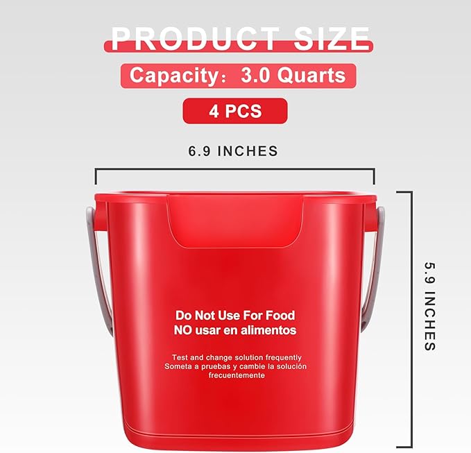 Yaomiao 4 Pcs Cleaning Bucket 3 Quart Small Sanitizing Square Bucket Detergent Pail with Measurements Spout and Handle for Home Commercial Use Restaurant Kitchen Office School (Red)