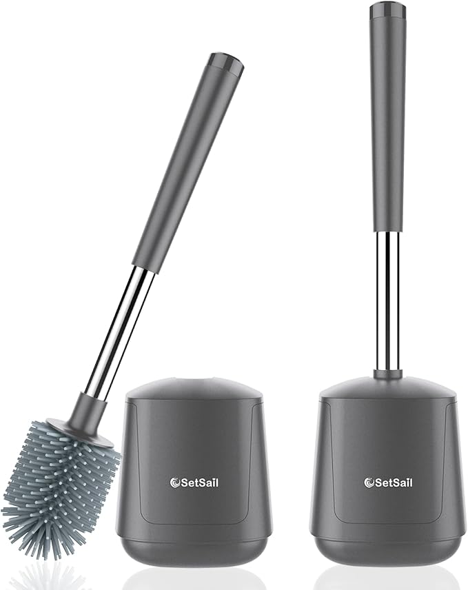 SetSail Silicone Toilet Bowl Brush and Holder Automatic Toilet Brushes for Bathroom with Holder Ventilated Toilet Cleaner Brush for Toilet Scrubber Cleaning - Grey (2 Packs)